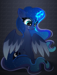 Size: 2572x3371 | Tagged: safe, artist:janelearts, princess luna, alicorn, pony, g4, crying, female, glowing, glowing horn, high res, horn, mare, sitting, solo