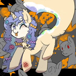 Size: 768x768 | Tagged: safe, artist:metaruscarlet, oc, oc only, oc:mish-mash, alicorn, pony, :p, alicorn oc, candy, chest fluff, eyeshadow, face paint, female, food, halloween, holiday, horn, jack-o-lantern, lollipop, makeup, mannequin, mare, markings, one eye closed, pumpkin, raised hoof, raised leg, scar, solo, stars, tattoo, tongue out, unshorn fetlocks, wings, wink