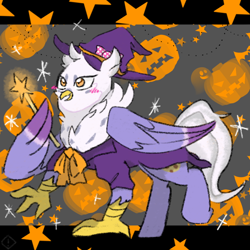 Size: 768x768 | Tagged: safe, artist:metaruscarlet, oc, oc only, oc:gerbera, hippogriff, blushing, cape, clothes, female, halloween, hat, hippogriff oc, holiday, jack-o-lantern, pumpkin, solo, stars, wand, witch, witch costume, witch hat
