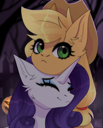 Size: 1984x2448 | Tagged: safe, artist:elektra-gertly, applejack, rarity, earth pony, pony, unicorn, g4, cute, duo, eyes closed, female, halloween, holiday, jack-o-lantern, jackabetes, lesbian, pumpkin, raribetes, ship:rarijack, shipping, smiling, snuggling