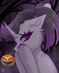 Size: 1984x2448 | Tagged: safe, artist:elektra-gertly, oc, oc only, oc:hazel radiate, pony, unicorn, colored hooves, cute, ear fluff, eyebrows, eyelashes, female, full moon, gift art, halloween, highlights, holiday, hoof on face, horn, jack-o-lantern, mare, moon, night, ponytail, pumpkin, purple eyes, scared, solo, unicorn oc