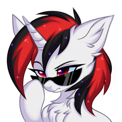 Size: 3000x3000 | Tagged: safe, alternate version, artist:pesty_skillengton, oc, oc only, oc:blackjack, pony, unicorn, fallout equestria, fallout equestria: project horizons, bust, chest fluff, commission, ear fluff, female, high res, horn, mare, portrait, simple background, solo, sunglasses, transparent background, unicorn oc