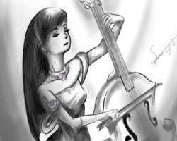 Size: 960x768 | Tagged: safe, artist:styber, octavia melody, human, g4, alternative cutie mark placement, bow (instrument), cello, cello bow, clothes, cutie mark on human, dress, eyes closed, female, humanized, monochrome, musical instrument, partial color, shoulder cutie mark, solo