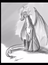 Size: 2121x2828 | Tagged: safe, artist:styber, spike, dragon, fanfic:like fine wine, g4, gem, grayscale, high res, male, monochrome, older, older spike, sitting, solo