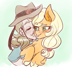 Size: 1313x1222 | Tagged: safe, artist:mimiporcellini, applejack, earth pony, human, g4, cheek kiss, crossover, crossover shipping, female, hol horse, holjack, interspecies, jojo's bizarre adventure, kissing, male, shipping, straight