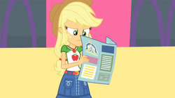 Size: 3410x1920 | Tagged: safe, screencap, applejack, equestria girls, equestria girls specials, g4, my little pony equestria girls: better together, my little pony equestria girls: rollercoaster of friendship, applejack's hat, belt, clothes, cowboy hat, cutie mark, cutie mark on clothes, denim skirt, female, geode of super strength, hat, high res, jewelry, magical geodes, necklace, skirt, solo
