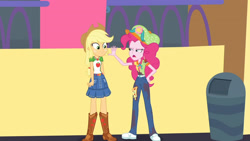 Size: 3410x1920 | Tagged: safe, screencap, applejack, pinkie pie, equestria girls, equestria girls specials, g4, my little pony equestria girls: better together, my little pony equestria girls: rollercoaster of friendship, applejack's hat, belt, boots, clothes, cowboy boots, cowboy hat, cutie mark, cutie mark on clothes, denim skirt, female, geode of super strength, hat, high res, jewelry, magical geodes, necklace, open mouth, shoes, skirt