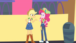Size: 3410x1920 | Tagged: safe, screencap, applejack, pinkie pie, equestria girls, equestria girls specials, g4, my little pony equestria girls: better together, my little pony equestria girls: rollercoaster of friendship, applejack's hat, belt, boots, clothes, cowboy boots, cowboy hat, cutie mark, cutie mark on clothes, denim skirt, female, geode of super strength, hat, high res, jewelry, magical geodes, necklace, shoes, skirt