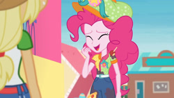 Size: 3410x1920 | Tagged: safe, screencap, applejack, pinkie pie, equestria girls, equestria girls specials, g4, my little pony equestria girls: better together, my little pony equestria girls: rollercoaster of friendship, applejack's hat, belt, clothes, cowboy hat, cute, denim skirt, diapinkes, eyes closed, female, hat, high res, open mouth, skirt