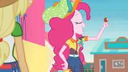 Size: 3410x1920 | Tagged: safe, screencap, applejack, pinkie pie, equestria girls, equestria girls specials, g4, my little pony equestria girls: better together, my little pony equestria girls: rollercoaster of friendship, applejack's hat, belt, clothes, cowboy hat, denim skirt, eyes closed, female, hat, high res, open mouth, skirt