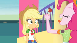 Size: 3410x1920 | Tagged: safe, screencap, applejack, pinkie pie, equestria girls, equestria girls specials, g4, my little pony equestria girls: better together, my little pony equestria girls: rollercoaster of friendship, applejack's hat, belt, clothes, cowboy hat, cutie mark, cutie mark on clothes, denim skirt, eyes closed, female, fun inspector, fun inspector pinkie, geode of super strength, hat, high res, jewelry, magical geodes, necklace, open mouth, skirt, tongue out