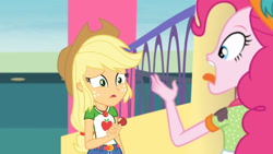 Size: 3410x1920 | Tagged: safe, screencap, applejack, pinkie pie, equestria girls, equestria girls specials, g4, my little pony equestria girls: better together, my little pony equestria girls: rollercoaster of friendship, applejack's hat, belt, clothes, cowboy hat, cutie mark, cutie mark on clothes, denim skirt, female, geode of super strength, hat, high res, jewelry, magical geodes, necklace, open mouth, skirt