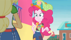Size: 3410x1920 | Tagged: safe, screencap, applejack, pinkie pie, equestria girls, equestria girls specials, g4, my little pony equestria girls: better together, my little pony equestria girls: rollercoaster of friendship, belt, clothes, denim skirt, female, hand on hip, high res, skirt