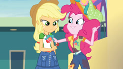 Size: 3410x1920 | Tagged: safe, screencap, applejack, pinkie pie, equestria girls, equestria girls specials, g4, my little pony equestria girls: better together, my little pony equestria girls: rollercoaster of friendship, apple, applejack's hat, belt, clothes, cowboy hat, cutie mark, cutie mark on clothes, denim skirt, female, food, geode of super strength, hat, high res, jewelry, lip bite, magical geodes, necklace, skirt, smiling