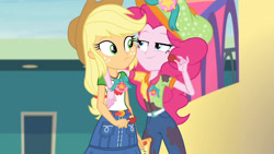 Size: 3410x1920 | Tagged: safe, screencap, applejack, pinkie pie, equestria girls, equestria girls specials, g4, my little pony equestria girls: better together, my little pony equestria girls: rollercoaster of friendship, apple, applejack's hat, belt, clothes, cowboy hat, cutie mark, cutie mark on clothes, denim skirt, female, food, geode of super strength, hat, high res, jewelry, magical geodes, necklace, skirt, smiling