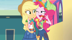 Size: 3410x1920 | Tagged: safe, screencap, applejack, pinkie pie, equestria girls, equestria girls specials, g4, my little pony equestria girls: better together, my little pony equestria girls: rollercoaster of friendship, apple, applejack's hat, belt, clothes, cowboy hat, cutie mark, cutie mark on clothes, denim skirt, female, food, hat, high res, jewelry, necklace, one eye closed, open mouth, skirt, tongue out
