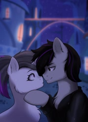 Size: 1920x2663 | Tagged: safe, artist:alunedoodle, oc, oc only, oc:hazel radiate, oc:skynight sleuth, pegasus, pony, unicorn, blurry background, canterlot, cheek fluff, chest fluff, chin hold, clothed male nude female, clothes, commission, ear fluff, eyebrows, eyelashes, female, highlights, hoof under chin, horn, imminent kissing, jacket, looking at each other, male, mare, night, pegasus oc, ponytail, raised hoof, romantic, stallion, unicorn oc, ych result