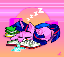 Size: 4500x4019 | Tagged: safe, artist:docwario, twilight sparkle, alicorn, pony, g4, book, drool, eyes closed, female, mare, onomatopoeia, open mouth, sleeping, snoring, sound effects, that pony sure does love books, twilight sparkle (alicorn), twitober, zzz