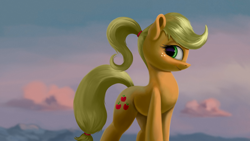 Size: 4000x2250 | Tagged: safe, artist:flusanix, applejack, earth pony, pony, g4, alternate hairstyle, female, high res, mare, ponytail, solo