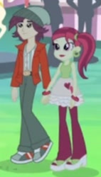 Size: 828x1460 | Tagged: safe, screencap, normal norman, rose heart, equestria girls, perfect day for fun, rainbow rocks, background human, holding hands, normalheart, shipping fuel, together, walking