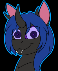 Size: 1732x2100 | Tagged: safe, artist:askhypnoswirl, oc, oc only, oc:swift dawn, changeling, :3, animated, black background, blue changeling, bust, changeling oc, commission, fangs, gif, horn, hypnosis, hypnotized, kaa eyes, looking at you, male, simple background, smiling, solo, stallion, ych result