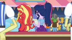 Size: 3410x1920 | Tagged: safe, screencap, flam, flim, golden hazel, sandalwood, sci-twi, sunset shimmer, twilight sparkle, equestria girls, equestria girls specials, g4, my little pony equestria girls: better together, my little pony equestria girls: rollercoaster of friendship, bowtie, brothers, clothes, crossed arms, cutie mark, cutie mark on clothes, female, flim flam brothers, glasses, hand on hip, high res, jacket, leather, leather jacket, male, messy hair, notebook, ponytail, siblings