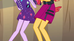 Size: 3410x1920 | Tagged: safe, screencap, sci-twi, sunset shimmer, twilight sparkle, equestria girls, equestria girls specials, g4, my little pony equestria girls: better together, my little pony equestria girls: rollercoaster of friendship, clothes, cutie mark, cutie mark on clothes, duo, duo female, female, high res, legs, notebook, pictures of legs, sci-twi skirt, skirt