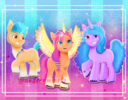 Size: 2610x2047 | Tagged: safe, artist:andreamiarts, hitch trailblazer, izzy moonbow, sunny starscout, alicorn, earth pony, pony, unicorn, g5, my little pony: a new generation, female, happy, high res, male, mare, open mouth, race swap, stallion, sunnycorn