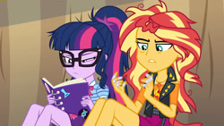 Size: 3410x1920 | Tagged: safe, screencap, sci-twi, sunset shimmer, twilight sparkle, equestria girls, equestria girls specials, g4, my little pony equestria girls: better together, my little pony equestria girls: rollercoaster of friendship, bowtie, clothes, cutie mark, cutie mark on clothes, female, geode of empathy, geode of telekinesis, glasses, high res, jacket, jewelry, leather, leather jacket, magical geodes, messy hair, necklace, notebook, ponytail