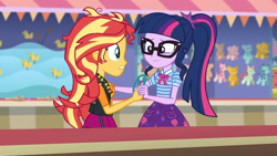 Size: 3410x1920 | Tagged: safe, screencap, sci-twi, sunset shimmer, twilight sparkle, equestria girls, equestria girls specials, g4, my little pony equestria girls: better together, my little pony equestria girls: rollercoaster of friendship, bowtie, clothes, cutie mark, cutie mark on clothes, female, geode of empathy, geode of telekinesis, glasses, high res, jacket, jewelry, leather, leather jacket, magical geodes, messy hair, necklace, ponytail, smiling