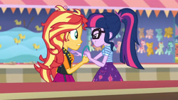 Size: 3410x1920 | Tagged: safe, screencap, sci-twi, sunset shimmer, twilight sparkle, equestria girls, equestria girls specials, g4, my little pony equestria girls: better together, my little pony equestria girls: rollercoaster of friendship, clothes, cutie mark, cutie mark on clothes, female, geode of empathy, glasses, high res, jacket, jewelry, leather, leather jacket, magical geodes, messy hair, necklace, ponytail, smiling