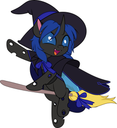 Size: 4585x5000 | Tagged: safe, artist:jhayarr23, oc, oc only, oc:swift dawn, changeling, absurd resolution, blue changeling, blue eyes, bow, broom, cape, changeling oc, clothes, commission, cute, fangs, flying, flying broomstick, hat, horn, looking at you, male, ocbetes, open mouth, open smile, ribbon, simple background, smiling, smiling at you, solo, stallion, transparent background, wings, witch costume, witch hat, ych result