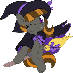 Size: 5005x5000 | Tagged: source needed, safe, artist:jhayarr23, oc, oc only, oc:mythic dawn, bat pony, pony, absurd resolution, bat pony oc, broom, cape, clothes, commission, cute, eyelashes, fangs, female, flying, flying broomstick, hat, looking at you, one eye closed, purple eyes, ribbon, simple background, smiling, smiling at you, solo, transparent background, wink, winking at you, witch costume, witch hat, ych result