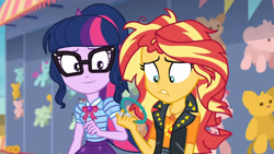 Size: 3410x1920 | Tagged: safe, screencap, sci-twi, sunset shimmer, twilight sparkle, equestria girls, equestria girls series, g4, rollercoaster of friendship, bowtie, clothes, cutie mark, cutie mark on clothes, female, geode of empathy, geode of telekinesis, glasses, high res, jacket, jewelry, leather, leather jacket, magical geodes, messy hair, necklace, ponytail, smiling