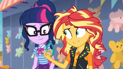 Size: 3410x1920 | Tagged: safe, screencap, sci-twi, sunset shimmer, twilight sparkle, equestria girls, equestria girls specials, g4, my little pony equestria girls: better together, my little pony equestria girls: rollercoaster of friendship, bowtie, clothes, cutie mark, cutie mark on clothes, female, geode of empathy, geode of telekinesis, glasses, high res, jacket, jewelry, leather, leather jacket, magical geodes, messy hair, necklace, ponytail, scene cringe, smiling