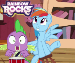 Size: 431x360 | Tagged: source needed, safe, edit, edited screencap, screencap, rainbow dash, spike, dragon, pegasus, pony, equestria girls, g4, my little pony equestria girls: rainbow rocks, testing testing 1-2-3, animated, cropped, drums, duo, female, gif, golden oaks library, logo, loop, male, mare, meme, musical instrument, pun, stool, stooldash