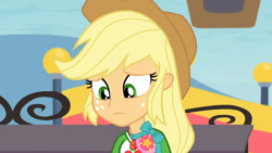 Size: 3410x1920 | Tagged: safe, screencap, applejack, equestria girls, equestria girls specials, g4, my little pony equestria girls: better together, my little pony equestria girls: rollercoaster of friendship, applejack's hat, clothes, cowboy hat, cutie mark, cutie mark on clothes, female, geode of super strength, hat, high res, jewelry, magical geodes, necklace, solo