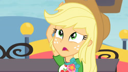 Size: 3410x1920 | Tagged: safe, screencap, applejack, equestria girls, equestria girls specials, g4, my little pony equestria girls: better together, my little pony equestria girls: rollercoaster of friendship, applejack's hat, clothes, cowboy hat, cutie mark, cutie mark on clothes, female, geode of super strength, hat, high res, jewelry, magical geodes, necklace, open mouth, solo
