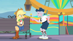 Size: 3410x1920 | Tagged: safe, screencap, applejack, stanley excelsior, equestria girls, equestria girls specials, g4, my little pony equestria girls: better together, my little pony equestria girls: rollercoaster of friendship, applejack's hat, belt, bench, boots, clothes, cowboy boots, cowboy hat, cutie mark, cutie mark on clothes, denim skirt, female, geode of super strength, hat, high res, jewelry, magical geodes, male, necklace, pointing, shoes, skirt
