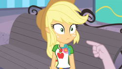 Size: 3410x1920 | Tagged: safe, screencap, applejack, stanley excelsior, equestria girls, equestria girls specials, g4, my little pony equestria girls: better together, my little pony equestria girls: rollercoaster of friendship, applejack's hat, belt, clothes, cowboy hat, cutie mark, cutie mark on clothes, denim skirt, female, fun inspector, geode of super strength, hat, high res, jewelry, magical geodes, male, necklace, offscreen character, pointing, skirt, solo focus