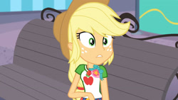 Size: 3410x1920 | Tagged: safe, screencap, applejack, equestria girls, equestria girls series, g4, rollercoaster of friendship, applejack's hat, belt, clothes, cowboy hat, cutie mark, cutie mark on clothes, denim skirt, female, geode of super strength, hat, high res, jewelry, magical geodes, necklace, skirt, solo