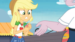Size: 3410x1920 | Tagged: safe, screencap, applejack, stanley excelsior, equestria girls, equestria girls specials, g4, my little pony equestria girls: better together, my little pony equestria girls: rollercoaster of friendship, applejack's hat, belt, clothes, cowboy hat, cutie mark, cutie mark on clothes, denim skirt, female, geode of super strength, hat, high res, jewelry, magical geodes, male, necklace, skirt