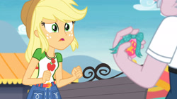 Size: 3410x1920 | Tagged: safe, screencap, applejack, stanley excelsior, equestria girls, equestria girls series, g4, rollercoaster of friendship, applejack's hat, belt, clothes, cowboy hat, cutie mark, cutie mark on clothes, denim skirt, female, geode of super strength, hat, high res, jewelry, magical geodes, male, necklace, open mouth, skirt