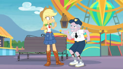 Size: 3410x1920 | Tagged: safe, screencap, applejack, stanley excelsior, equestria girls, equestria girls specials, g4, my little pony equestria girls: better together, my little pony equestria girls: rollercoaster of friendship, applejack's hat, belt, boots, clothes, cowboy boots, cowboy hat, cutie mark, cutie mark on clothes, denim skirt, female, geode of super strength, hat, high res, jewelry, magical geodes, male, necklace, pointing, shoes, skirt