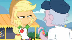 Size: 3410x1920 | Tagged: safe, screencap, applejack, stanley excelsior, equestria girls, equestria girls series, g4, rollercoaster of friendship, applejack is not amused, applejack's hat, belt, clothes, cowboy hat, cutie mark, cutie mark on clothes, denim skirt, female, geode of super strength, hand on head, hat, high res, jewelry, magical geodes, male, necklace, skirt, unamused