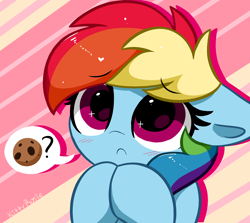 Size: 4292x3824 | Tagged: safe, artist:kittyrosie, rainbow dash, pegasus, pony, :c, abstract background, begging, blushing, cookie, cute, daaaaaaaaaaaw, dashabetes, floppy ears, food, frown, kittyrosie is trying to murder us, looking at you, solo, speech bubble, weapons-grade cute