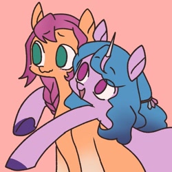 Size: 1080x1080 | Tagged: safe, artist:haunt.til.it.hurts, izzy moonbow, sunny starscout, earth pony, pony, unicorn, g5, my little pony: a new generation, blushing, coat markings, duo, duo female, female, horn, hug, implied lesbian, implied moonscout, implied shipping, looking at someone, mare, no catchlights, no nose, no pupils, open mouth, open smile, pink background, simple background, smiling, socks (coat markings), wavy mouth