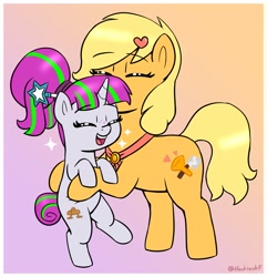 Size: 1898x1966 | Tagged: safe, artist:heretichesh, oc, oc only, oc:zeta, oc:zippi, earth pony, pony, unicorn, cute, duo, eyes closed, female, filly, freckles, gradient background, holding a pony, hug, mother and child, mother and daughter, ocbetes, open mouth, open smile, smiling