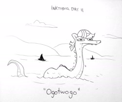 Size: 1440x1210 | Tagged: safe, artist:tjpones, twilight sparkle, cryptid, g4, black and white, fangs, female, grayscale, inktober, inktober 2021, lake, monochrome, monster, ogopogo, solo, species swap, swimming, traditional art, twiggie