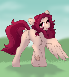 Size: 1497x1688 | Tagged: safe, artist:spoopygander, oc, oc only, oc:crimm harmony, pegasus, pony, butt, dock, featureless crotch, lidded eyes, looking at you, looking back, plot, smiling, solo, spread wings, tail, underhoof, wings